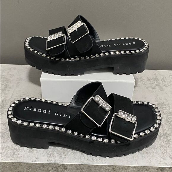 Gianni Bini Shoes - Gianni Bini Black Leather Rhinestone Buckle Sandals